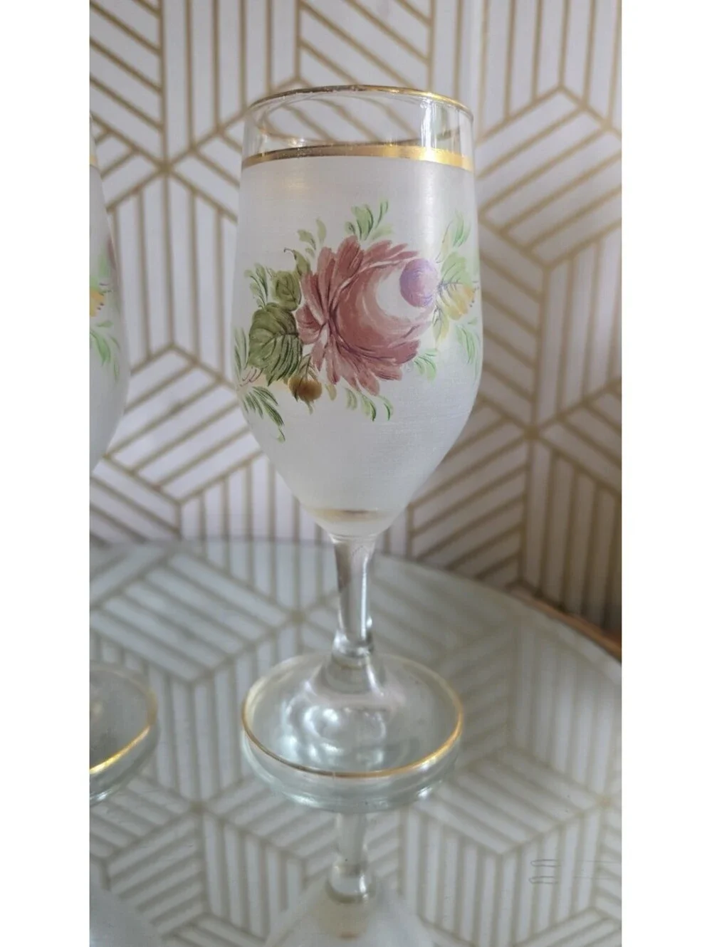 Vintage Interpur Handpainted Rose Frosted Wine Glass Pair 6 5/8”
